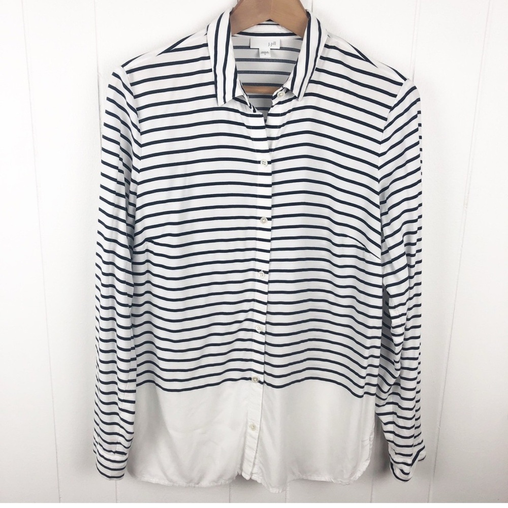 J JILL Womens Size Medium Stripe White Navy   Button Up Tunic Blouse Long Sleeve